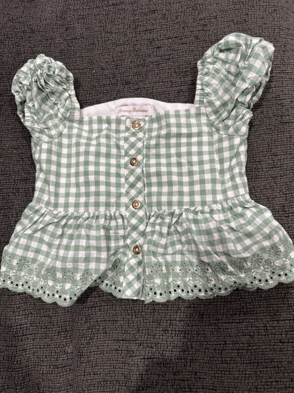 Tommy Bahama Girls 4T Green White Gingham Tunic Blouse Square Neck Ruffle Button